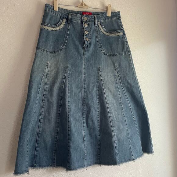 Denim Pleated Button Fly Midi Skirt - Picture 2 of 6